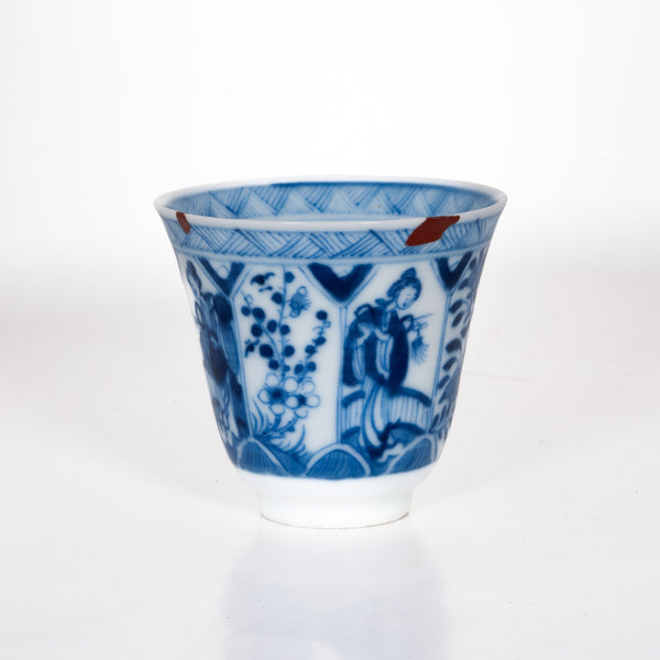 Antique Qing Dynasty Repaired Porcelain Tall Blue And White Maidens and Floral Motifs Tea Cup
