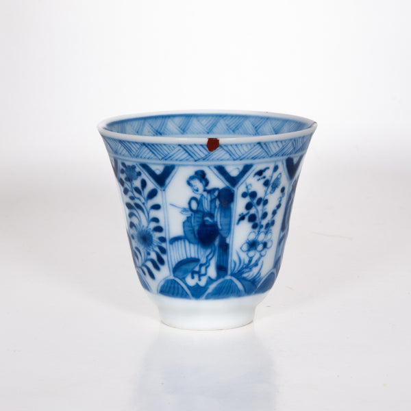 Antique Qing Dynasty Repaired Porcelain Tall Blue And White Maidens and Floral Motifs Tea Cup