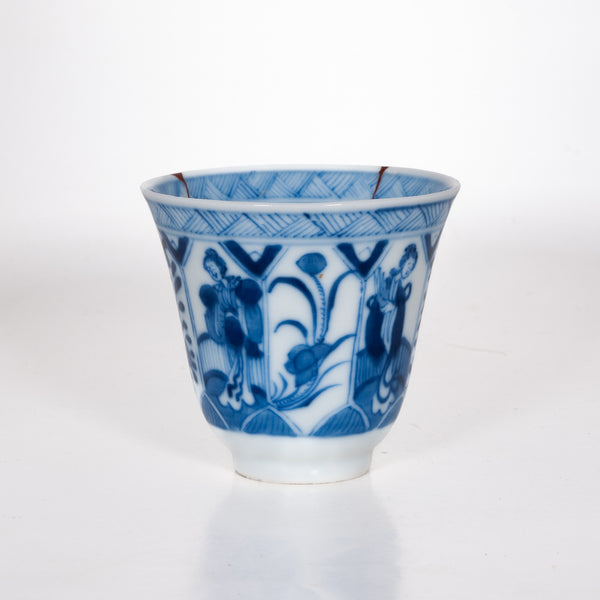 Antique Qing Dynasty Repaired Porcelain Tall Blue And White Maidens and Floral Motifs Tea Cup