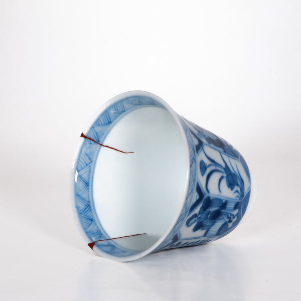Antique Qing Dynasty Repaired Porcelain Tall Blue And White Maidens and Floral Motifs Tea Cup