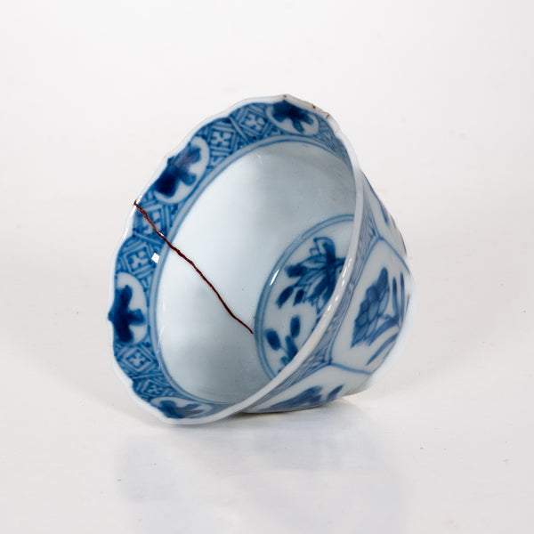 Antique Qing Dynasty Repaired Porcelain Blue And White Floral Motifs Tea Cup, Kangxi (1661-1722)