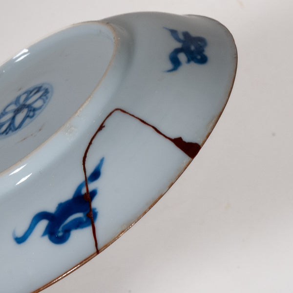 Antique Qing Dynasty Repaired Porcelain Literati Plate (Brown Rim)