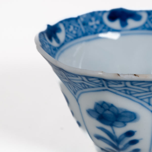 Antique Qing Dynasty Repaired Porcelain Blue And White Floral Motifs Tea Cup, Kangxi (1661-1722)