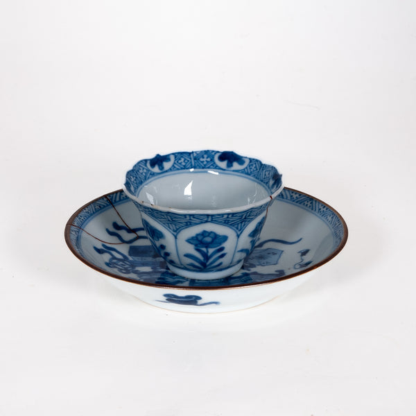 Antique Qing Dynasty Repaired Porcelain Blue And White Floral Motifs Tea Cup, Kangxi (1661-1722)