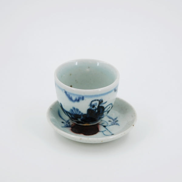 Handmade Wood Fired Chinese Antique Style Porcelain Blue Underglaze Red Old Man Saucer