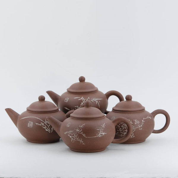 Yixing 1980's Flower Series Set of 4 Yixing Teapots - Mei Lan Zhu Qu (Plum, Magnolia, Bamboo, Chrysanthemum)