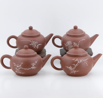 Yixing 1980's #12 Zini Flower and Poem Series Set of 4 Yixing Teapots - Mei Lan Zhu Qu (Plum, Orchid, Bamboo, Chrysanthemum)