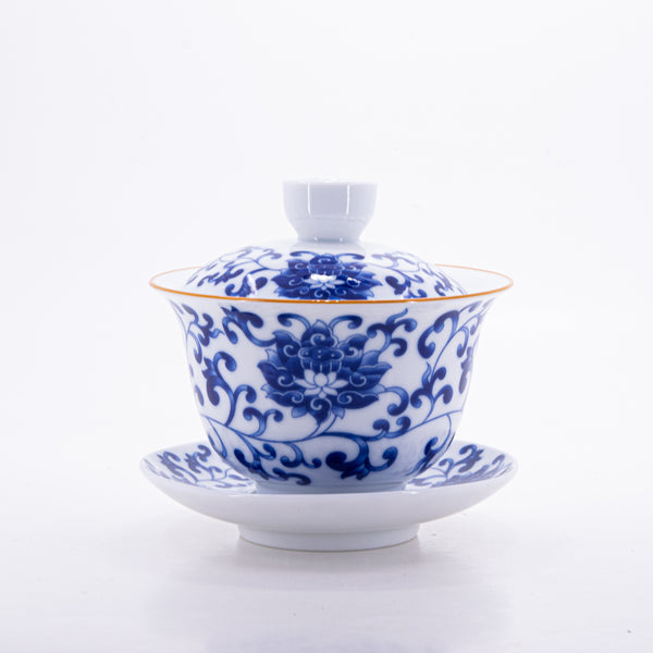 Brown Rim Blue and White Porcelain Gold Rim Chan Zhi Lian Design Gaiwan #3a