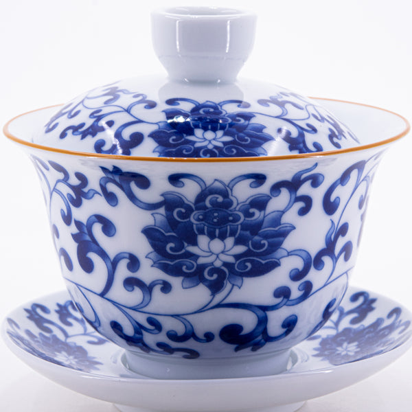 Brown Rim Blue and White Porcelain Gold Rim Chan Zhi Lian Design Gaiwan #3a