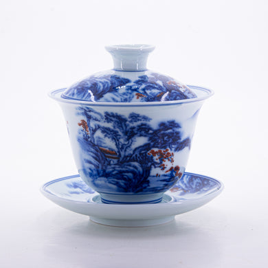 Blue and White Underglaze Red Porcelain Landscape Design Gaiwan #1a