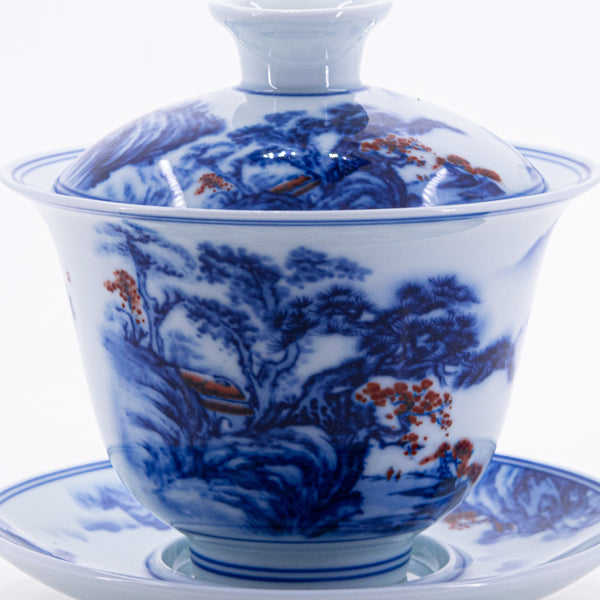 Blue and White Underglaze Red Porcelain Landscape Design Gaiwan #1a