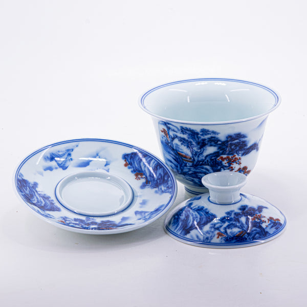 Blue and White Underglaze Red Porcelain Landscape Design Gaiwan #1a