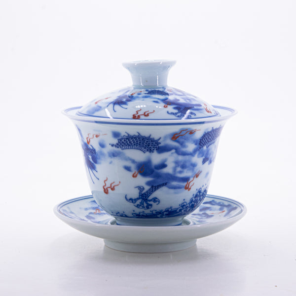 Blue and White Underglaze Red Porcelain Dragon Design Gaiwan #4a