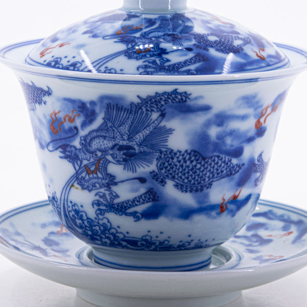 Blue and White Underglaze Red Porcelain Dragon Design Gaiwan #4a