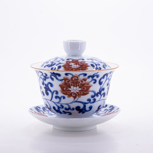 Brow Rim Blue and White Big Red Flower Porcelain Chan Zhi Lian Design Gaiwan #2a