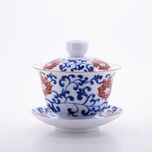 Brow Rim Blue and White Big Red Flower Porcelain Chan Zhi Lian Design Gaiwan #2a