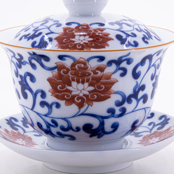 Brow Rim Blue and White Big Red Flower Porcelain Chan Zhi Lian Design Gaiwan #2a