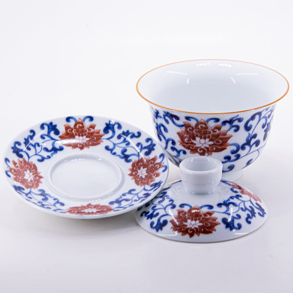 Brow Rim Blue and White Big Red Flower Porcelain Chan Zhi Lian Design Gaiwan #2a