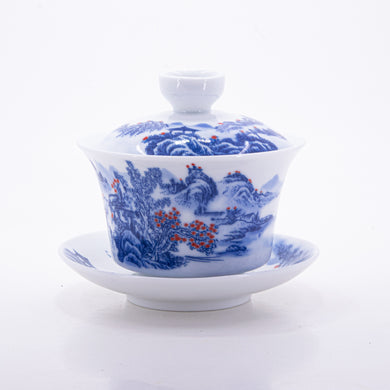 Blue and White Underglaze Red Porcelain Landscape Design Gaiwan #11