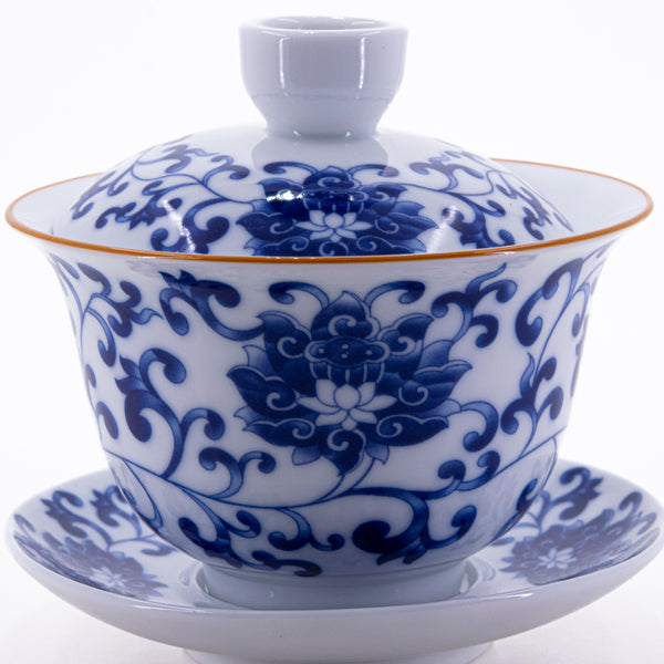 Brown Rim Blue and White Porcelain Gold Rim Chan Zhi Lian Design Gaiwan #3a