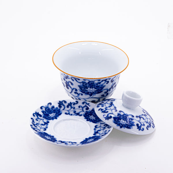 Brown Rim Blue and White Porcelain Gold Rim Chan Zhi Lian Design Gaiwan #3a