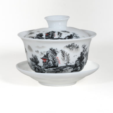 Porcelain Gray Color Landscape Gaiwan