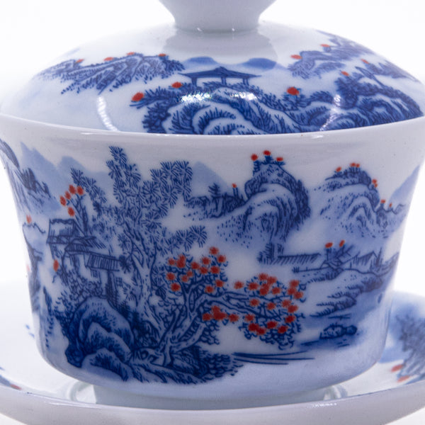 Blue and White Underglaze Red Porcelain Landscape Design Gaiwan #11