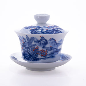 Blue and White Underglaze Red Porcelain Landscape Design Gaiwan #11