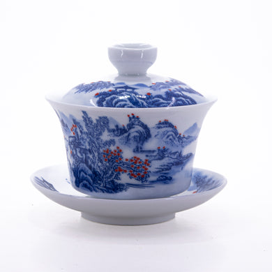 Blue and White Underglaze Red Porcelain Landscape Design Gaiwan #11