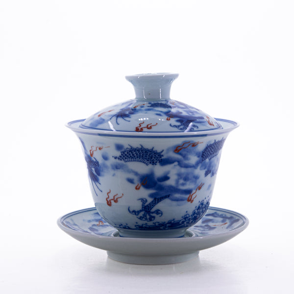 Blue and White Underglaze Red Porcelain Dragon Design Gaiwan #4a