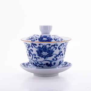 Brown Rim Blue and White Porcelain Gold Rim Chan Zhi Lian Design Gaiwan #3a