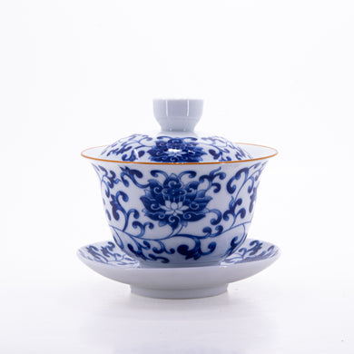Brown Rim Blue and White Porcelain Gold Rim Chan Zhi Lian Design Gaiwan #3a