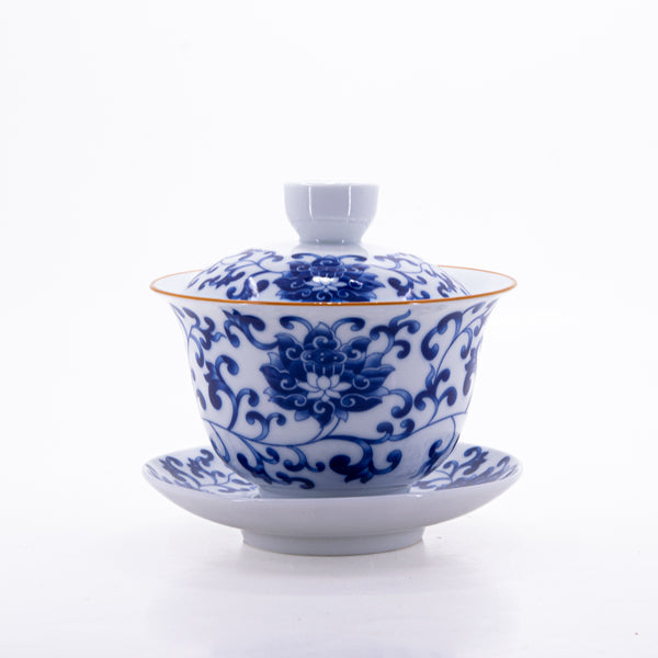 Brown Rim Blue and White Porcelain Gold Rim Chan Zhi Lian Design Gaiwan #3a
