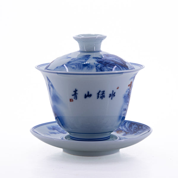 Blue and White Underglaze Red Porcelain Landscape Design Gaiwan #1a