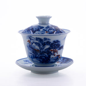 Blue and White Underglaze Red Porcelain Landscape Design Gaiwan #1a