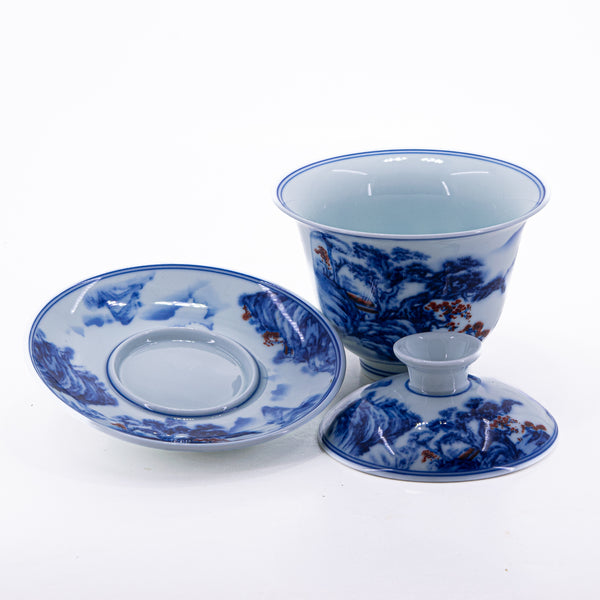 Blue and White Underglaze Red Porcelain Landscape Design Gaiwan #1a