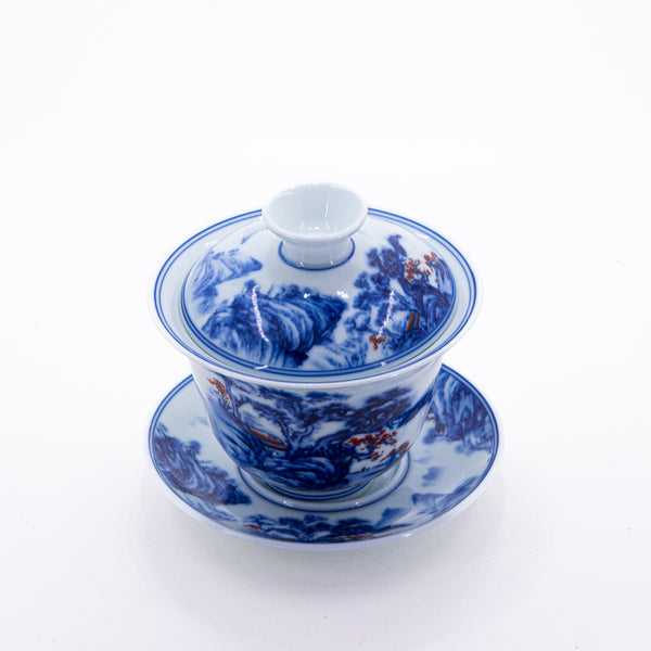 Blue and White Underglaze Red Porcelain Landscape Design Gaiwan #1a