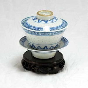 1970s Blue and White Porcelain "Rice Grain Pattern" Hand-Painted Gaiwan