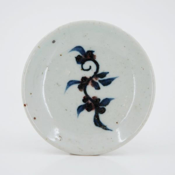 Handmade Wood Fired Chinese Antique Style Porcelain Blue Underglaze Red Peach Leaf Saucer