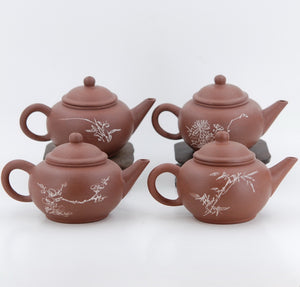 Yixing 1980's #6 Zini Flower and Poem Series Set of 4 Yixing Teapots - Mei Lan Zhu Qu (Plum, Orchid, Bamboo, Chrysanthemum)