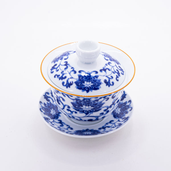 Brown Rim Blue and White Porcelain Gold Rim Chan Zhi Lian Design Gaiwan #3a