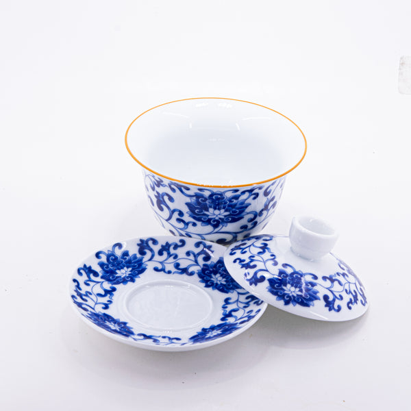 Brown Rim Blue and White Porcelain Chan Zhi Lian Design Gaiwan