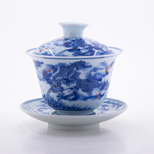 Blue and White Underglaze Red Porcelain Dragon Design Gaiwan