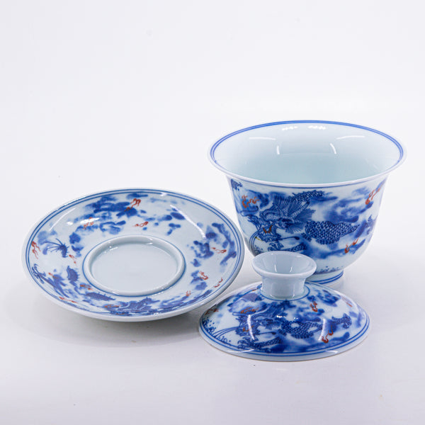 Blue and White Underglaze Red Porcelain Dragon Design Gaiwan