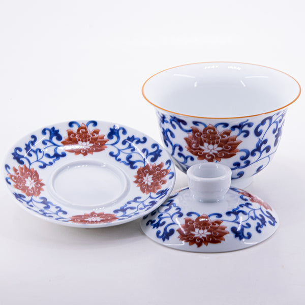 Brow Rim Blue and White Big Red Flower Porcelain Chan Zhi Lian Design Gaiwan