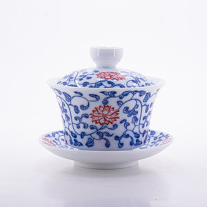 Blue and White Small Red Flower Porcelain Chan Zhi Lian Design Gaiwan #12